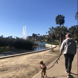 A Man and His Canine Companion Stroll through Echo Park Lake