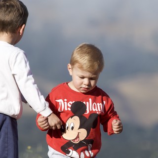 Two Young Brothers Hold Hands on Mountain Summit