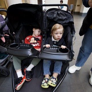 Two Toddlers in Double Stroller at Museum Visit