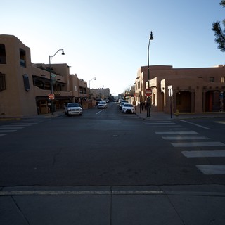 Historic Adobe Architecture Along Santa Fe Street at Dusk