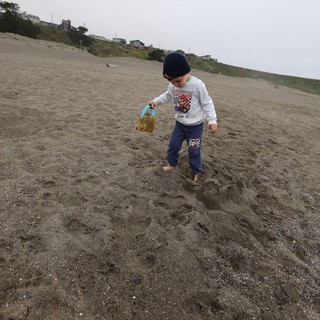 Young Explorer Walking Barefoot on Foggy Beach
