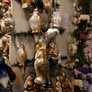 Ornate Bird Christmas Ornament Display at Holiday Shop