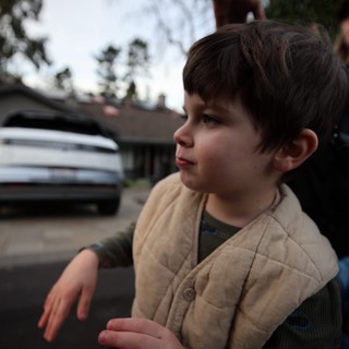 Young Boy Gazing Upward on Sunday Walk