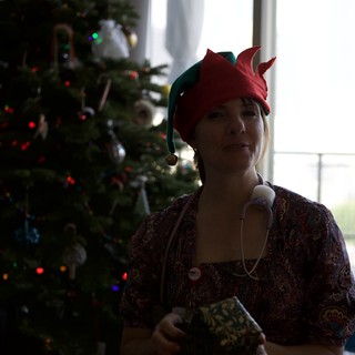 Penelope in Elf Hat Beside Christmas Tree