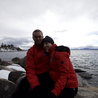 Couple Embracing at Lake Tahoe in Winter