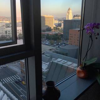 City View from a Window with Flower Vase