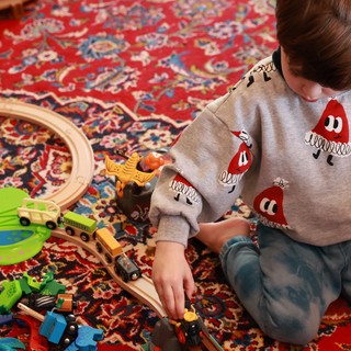 Child Playing with Wooden Train Set on Patterned Rug