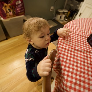 Curious Toddler Exploring Kitchen on Christmas Morning