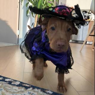 Puppy in Purple Dress and Hat