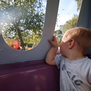 Child Gazing Through Playground Structure Window