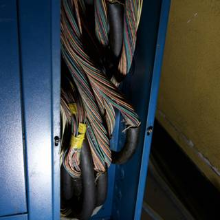 Tangled Wires in a Blue Cabinet