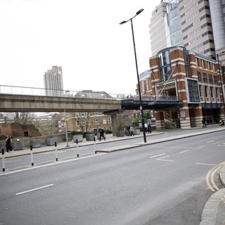 Urban London Street Scene with Elevated Walkway