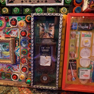 Vibrant Mixed Media Art Display with Upcycled Materials