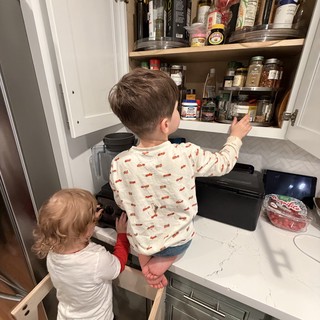 Young Brothers Exploring Kitchen Cabinet Together