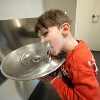 Young Boy Drinking from Water Fountain at Museum