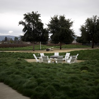 White Adirondack Chairs Circle Vineyard Fire Pit at Dusk