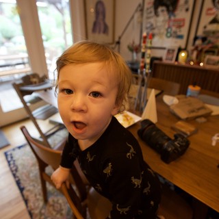 Toddler in Dinosaur Pajamas on Christmas Evening