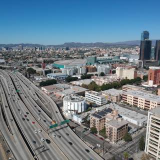 Urban Landscape: Aerial View of the Freeway and Skyscrapers
