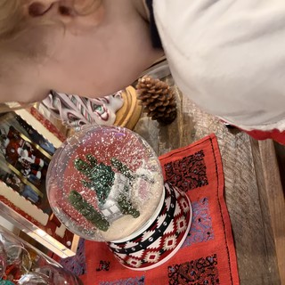 Child Mesmerized by Christmas Snow Globe Display