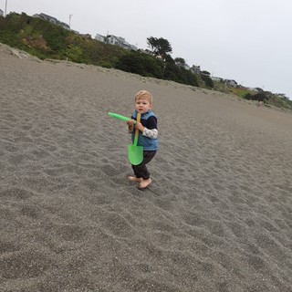 Toddler Explorer Armed with Green Shovel at Beach