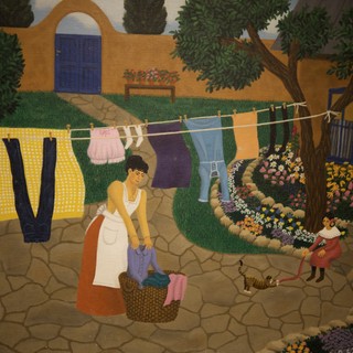 Domestic Scene with Laundry - Folk Art Tapestry