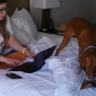 Woman and Dog Relaxing on Hotel Bed