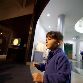 Young Visitor Captivated by Museum Exhibit at Night