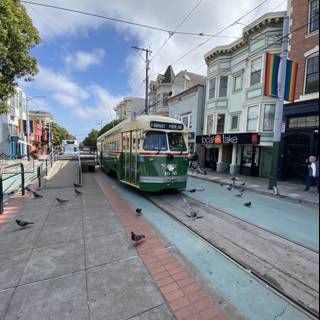 Green and White Trolley in the Heart of San Francisco