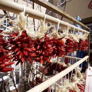 Dried Red Chile Ristras Hanging on Southwestern Porch
