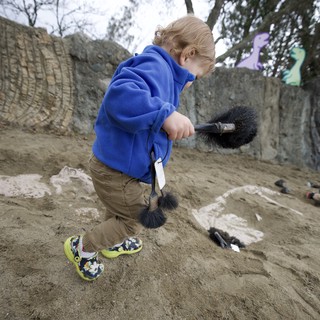 Young Child Engaged in Archaeological Play with Brushes