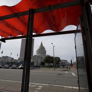 San Francisco City Hall Framed by Red Bus Shelter