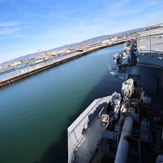 Naval Vessel Deck View at Port Waterway