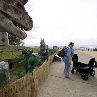 Woman with Stroller Encounters Dinosaur Display at Hilltop Park
