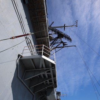 Looking Up at USS Hornet's Crane and Tower