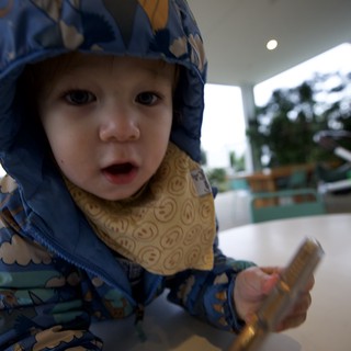 Young Child in Blue Patterned Rain Jacket at Restaurant