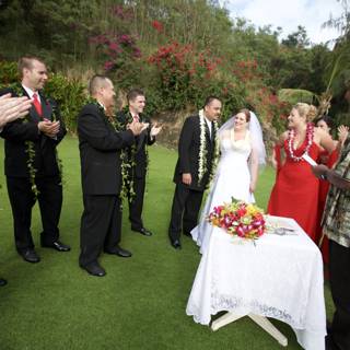 Wedding Party with Flower Arrangement Table