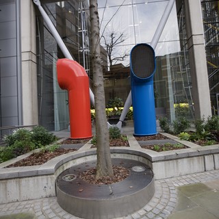 Giant Fencing Masks Public Art Installation in London Courtyard