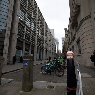Modern Urban Street with Bike Share Station in London