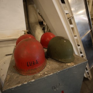 Vintage Hard Hats in Industrial USS Hornet Interior