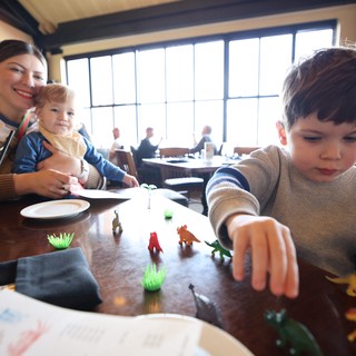 Family Dining Out with Young Children and Toy Dinosaurs
