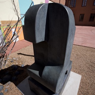Modern Black Stone Sculpture in Santa Fe Courtyard