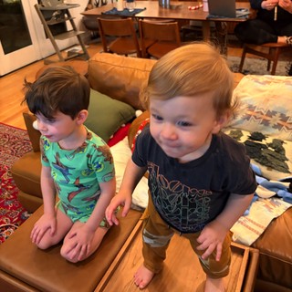 Two Young Boys Playing on Living Room Coffee Table