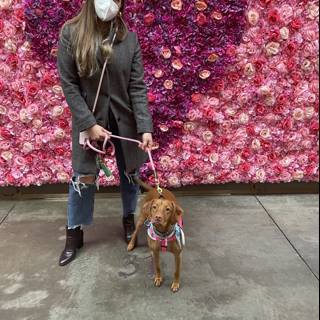 Masked Woman and Beagle Pose in Front of a Floral Wall