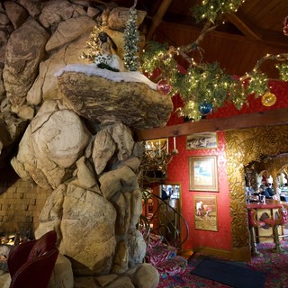 Festive Christmas Decorations Inside Madonna Inn's Rock-Walled Interior