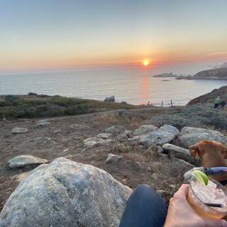 A Peaceful Sunset by the Rocks with a Furry Buddy