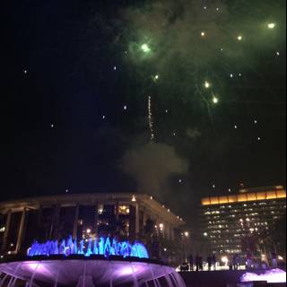 Fireworks illuminating a fountain in Los Angeles
