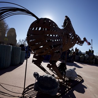 Metallic Rooster Sculpture Silhouetted Against Bright Sun
