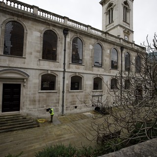 Historic London Church Courtyard on Overcast Day