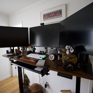 Multi-Monitor Standing Desk Workstation with Collectibles