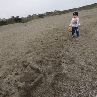 Young Boy Explores Sandy Beach with Sand Castle